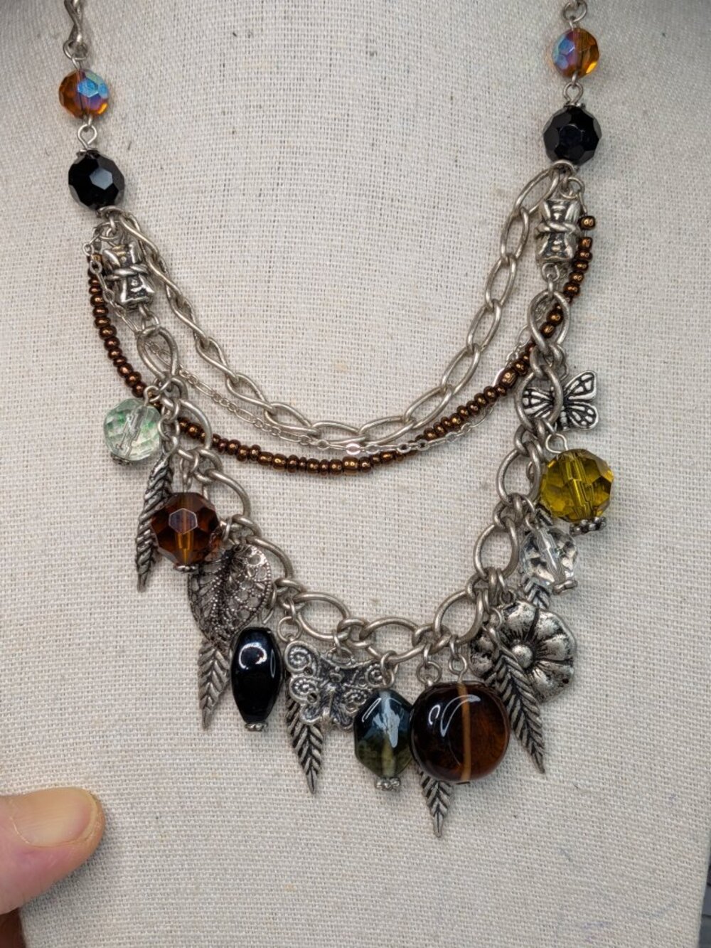 Papaya Multi‑Layer Charm Necklace • Silver Tone • Glass Beads & Charms